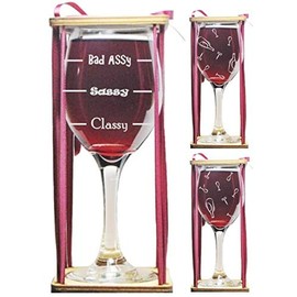 Orange Kat Classy, Sassy, Bad Assy Stemmed Wine Glass with Charm and Presentation Packaging