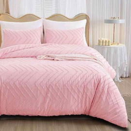 Nanko Pink Duvet Cover Queen Size, 3pc Boho Tufted Microfiber Bedding Comforter Cover Set, All Season Aesthetic Shabby Chic Soft Embroidery Textured Geometric Quilt Cover 90x90 inches