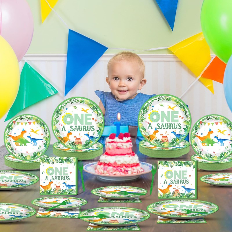 Chunnin 96Pcs One A Saurus Birthday Party Plates and Napkins