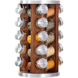 Orii 20 Jar Rotating Dark Acacia Wood Spice Rack with Spices Included & 5-Year Spice Refill Program – Rustic Wood Countertop Spice Rack with Glass Jars