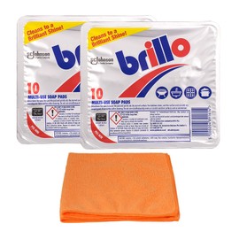 2X Brillo Soap Pads - 2X 10 Pack- Multi-Purpose Kitchen Washing Soap Pads Scourer for Pans, Pots, Cookers - with Microfibre Cloth