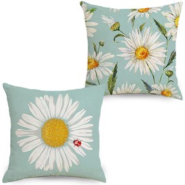 Daisy Cushion Cover, 2 Pieces, Decorative Cushion Cover, Summer, 45 x 45 cm, Summer Cushion Decoration for Sofa, Bedroom, Holiday Home (Daisies)