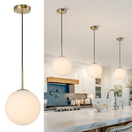 WillWant 10" Globe Milk Glass Pendant Light, Mid Century Vintage Hanging Light Fixture for Dining Room, Bedroom, Kitchen Island Lighting, Brushed Brass Gold