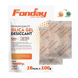 16Packs x 100Gram Fonday Rechargeable Silica Gel Desiccant Packets Food Grade Fast Reactivate Desiccant Bags Moisture Indicating Orange to Green