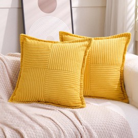 Puncuntex Corduroy Throw Pillow Covers Set of 2 Boho Decorative Yellow 18×18 Inch,Super Soft Pillowcase Cozy Striped Texture Cushion Cover for Couch,Sofa,Farmhouse,Living Room