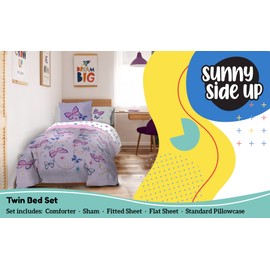 Sunny Side Up Butterfly Twin Comforter Set - 5 Piece Kids Bedding Includes Comforter, Sheets & Pillow Cover - Super Soft Purple Floral Microfiber Bed Set