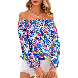 KIRUNDO Off The Shoulder Tops for Women 2025 Spring Fashion Boho Long Sleeve Floral Flowy Shirts Summer Blouse Clothing(Blue Red Flower, Medium)