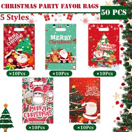 50pcs Christmas Party Bags for Girls Boys,Children Goodie Bags,Little Xmas Bag Candy Treat Bags Loot Bag with Handle,Plastic Small Return Gift Bags for Kids Birthday Christmas Party Fillers Bags
