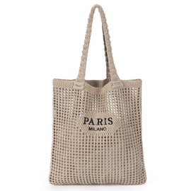 Crochet Tote Bag For Women, Crochet Mesh Beach Tote Bag Summer Vacation Aesthetic Boho Knit Bag for Women (G/Light Khaki)