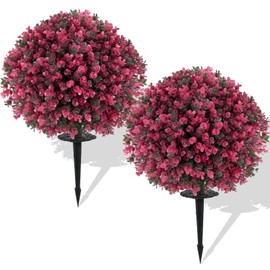 Artificial Boxwood Topiary Balls – Set of 2 UV-Resistant 23" Rose-Colored Faux Shrubs with Ground Spikes, Faux Evergreen Decorative Plants for Outdoor Indoor Porch Patio Garden