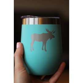 Bevvee Moose Wine Tumbler with Sliding Lid - Stemless Stainless Steel Insulated Cup - Cute Outdoor Camping Mug - Teal
