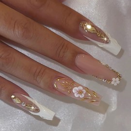 BABALAL Press on Nails Long Square Fake Nails White French Tip Glue on Nails 3d Txture Gold Chrome Acrylic Nails Flower Coquette False Nails 24Pcs Handmade Squoval Stick on Nails Luxury Nails