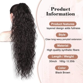 QGZ Claw Clip Ponytail Extension 30 inch Claw Clip in Ponytail Extensions for Women Long Wavy Curly Fluffy Pony Tails Hair Extensions Synthetic Hairpieces for Daily Party Use(Black Brown)