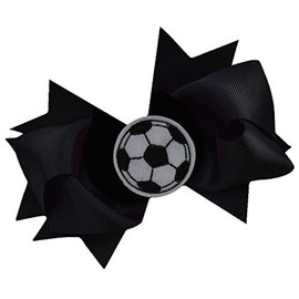 SOCCER BALL BOW Girls 4.5 Inch Grosgrain Soccer Hair Bow with Embroidered Soccer Ball By Funny Girl Designs (Black)
