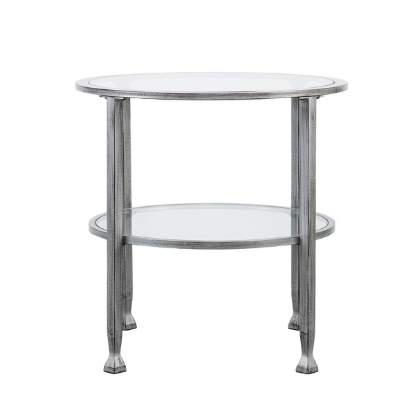 SEI Furniture Jaymes Metal & Glass Round 2-Tier End Table, Silver/Black Distressing