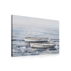 ATELIYISHU Two Ships in the Sea Canvas Wall Art-Blue Boat Abstract Ocean Painting with Textured - Rustic Beach Picture Seascape Artwork for Bedroom Bathroom Decor 16"X12"