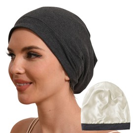 Hat Hut 100% Mulberry Silk Lined Sleep Cap Pure Silk Bonnet for Curly Hair Wrap Bonnet for Sleeping Slouchy Beanie for Men Women (AU, Alpha, One Size, Grey)