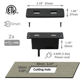 Powered USB Hub Socket Recessed USB Power Strip Outlet with Power Supply 2 USB Ports 2.1A Mounted into Bed Desk Table Sofa