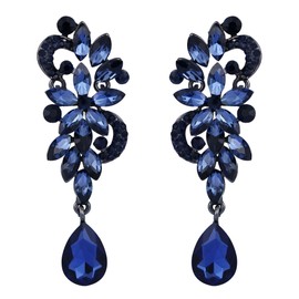 Clearine Women's Bohemian Boho Crystal Flower Wedding Bridal Chandelier Teardrop Bling Long Dangle Earrings Blue Black-Tone