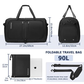 Rsiwotsce Large Travel Duffle Bag Foldable Waterproof Overnight Holdall for Women and Men with Stereo Shoe Compartment, 90L