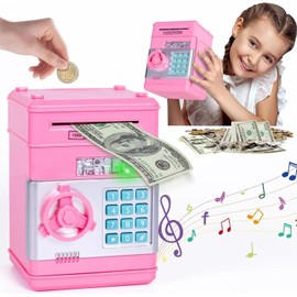 JIUS@FF Jarra De Dinero Electrónico De Juguete, Caja Fuerte para Niños, Cajero Automático, Regalo De Cumpleaños De Navidad para Niños Y Niñas, Regalo De Navidad (Rosa)