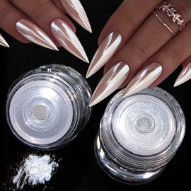 2Pcs White Pearl Chrome Nail Powder Super Glossy Metallic Mirror Effect, White Moonlight Unicorn Chrome Powder for Nails, Mermaid Glitter Pigment Powder for Gel Nail Polish Design 0.5g/Jar