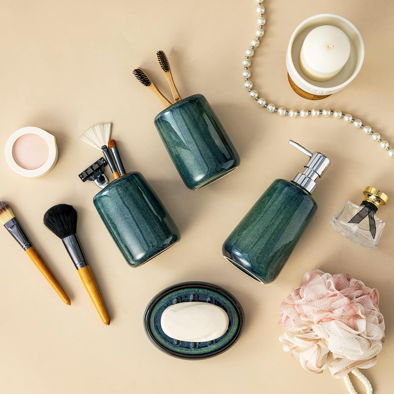 vancasso Green Bathroom Accessories Set, Ceramic Soap Dispenser and Toothbrush