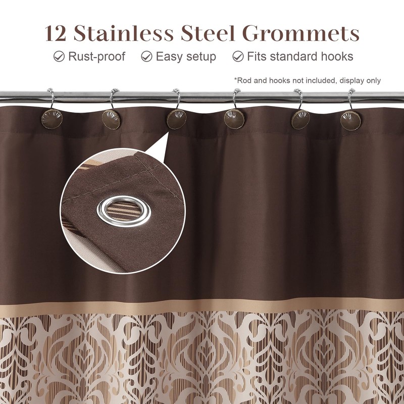 DS BATH Brown Fabric Shower Curtain, Vintage Tan and Gold