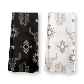 TopXmai Western Kitchen Towels Set of 2,Boho Western Aztec Bull Skull Cactus Dish Towels for Kitchen,Boho Western Hand Towels for Bathroom,Boho Western Decor,Western Kitchen Bathroom Decor, 16x24 Inch