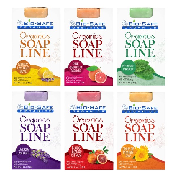 Bio-Safe Organics Top Selling Soaps Bundle 1 - Pack of 6 - Organic Handmade All Natural 100% Organic