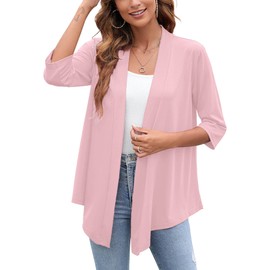 Heymoments Women's Cardigan Lightweight Draped Open Front 3/4 Sleeve Casual Flowy Cardigan Pink Small