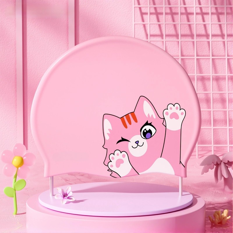 Pink Swimming Cap for Girls Age 3-12, Adorable Cat