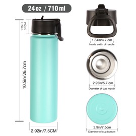 Volhoply 24oz Insulated Water Bottle With Straw Bulk 3 Pack,Metal Wide Mouth Water Bottles With Handle Lid Keep Cold,Reusable Double Wall Thermos,Powder Coated Sport Bottle For Holder(Mint,3 Count)