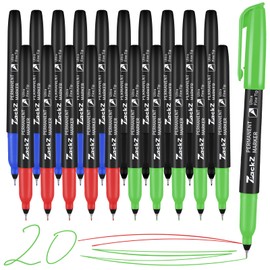 ZackZ Ultra Fine Point Permanent Markers Bulk, 0.4mm Fine Tip，Assorted Colors, Waterproof, Quickly Dry, Fade-Resistant Thin Tip Works on Paper, Glass, Plastic, Wood, Metal for Kids Adult 20 Count