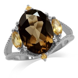 Silvershake 5.37ct. Natural Smoky Quartz and Citrine White Gold Plated 925 Sterling Silver Ring Size 8