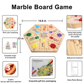Medikaison Original Marble Game Wahoo Board Game Double Sided Painted Wooden Fast Track Board Game for 6 and 4 Players 6 Colors 24 Marbles 6 Dice for Family Friends