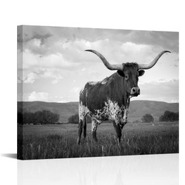 Visual Art Decor Longhorn Cow Pictures Black and White Cow Painting Canvas Wall Art Framed Artwork for Home Decor 24inchx32inch