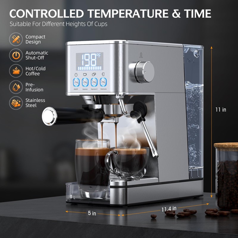 LERTIN Espresso Machine, 20Bar Compact Stainless Espresso Maker, With Milk