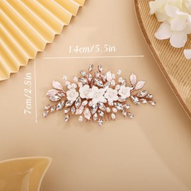 Chargances Bridal Flower Rhinestone Hair Comb Wedding Pearl Leaf Hair Side Comb Fashion Crystal Handmade Hair Accessories for Women and Girls (Rose Gold)