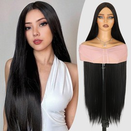 Creamily 40 Inches Women's Silky Long Straight Black Wig Heat Resistant Natural Synthetic Hair Wig for Women
