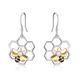 Bee Earrings Sterling Silver Honeycomb Bee Dangle Earrings Jewellery Gifts for Women Teen Girls