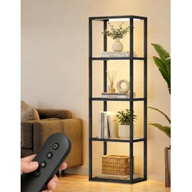 PARTPHONER Large Glass Display Shelf with Remote Control, Dimmable LED Floor Lamp with Shelves, Open Display Cabinet, 3 Color Temperature Control, Black
