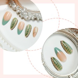 24 Pcs French Tip Press on Nails Medium Almond Fake Nails with Star Designs Gold Line False Nail Tips Green Glue on Nails French Full Cover Acrylic Nails for Women Nail Art Decoration