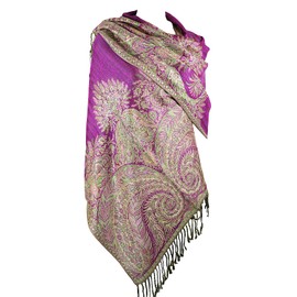 Achillea Luxurious Big Paisley Jacquard Layered Woven Pashmina Shawl Wrap Scarf Stole (Dark Magenta)