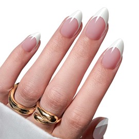 BelleOnyx Press On Nails Almond White French Tip Nails wtih Glue & Glue Remover Short Nail Tips, Stick On Nails Kit in 15 Sizes, Glossy Natural Fit Reusable for Busy Mom