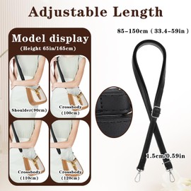 Leather Handbag Strap Adjustable Shoulder Black Leather Bag Strap, 85-150cm/33-59inch Bag Straps Replacement with metal Hooks for DIY Purse and Briefcas for Wallet Tote Shoulder Bags(Silver)