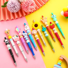 Ctosree 12 Set Plastic Beadable Pens Kit Assorted Bead Pens Wood Round Spacer Set Black Ink DIY Ballpoint Pen Making Kit with Beads for Women Men Gift School Office Supplies(Classic Style)