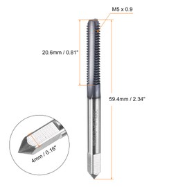sourcing map M5x0.9 Metric Thread Tap 6542 Cobalt High-Speed Steel TiCN Coated Plug Tap Right Hand 3 Straight Flutes Screw Threading Hand Tap