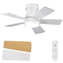 Ceiling Fans with Lights, 30 inch Low Profile Ceiling fan with Light and Remote, Flush Mount, 6 Speeds, Reversible DC Motor,5 Blades, Noiseless, White Small Ceiling Fan for Bedroom, Indoor/Outdoor