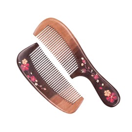 BIUDECO Natural Wood Hair Comb Set Anti-static Carving Relief Pattern Scalp for Gentle Hair Brush 2 Pcs Set for Girls Salon